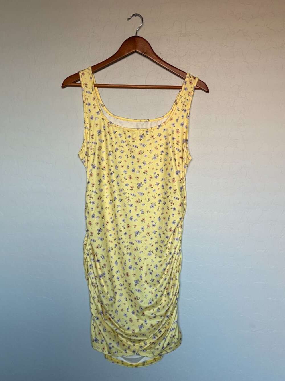 Floral Yellow Bodycon Ruched Sides High-Low Dress Floral Pattern Summer Spring - Picture 2 of 12